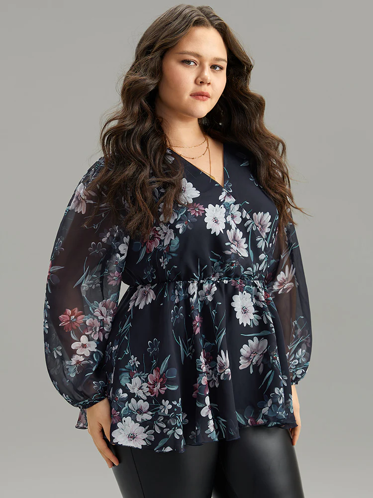Floral Print Elastic Waist Mesh Wrap Gathered Blouse - Image 3