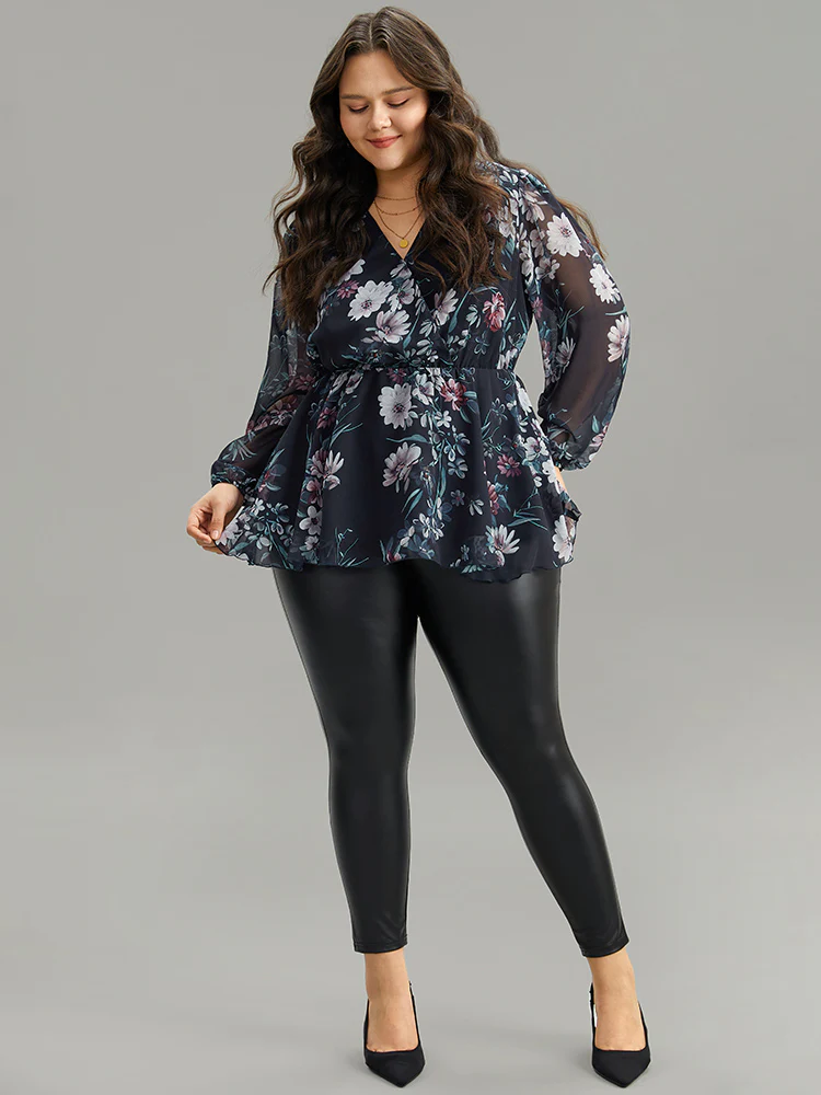 Floral Print Elastic Waist Mesh Wrap Gathered Blouse - Image 4