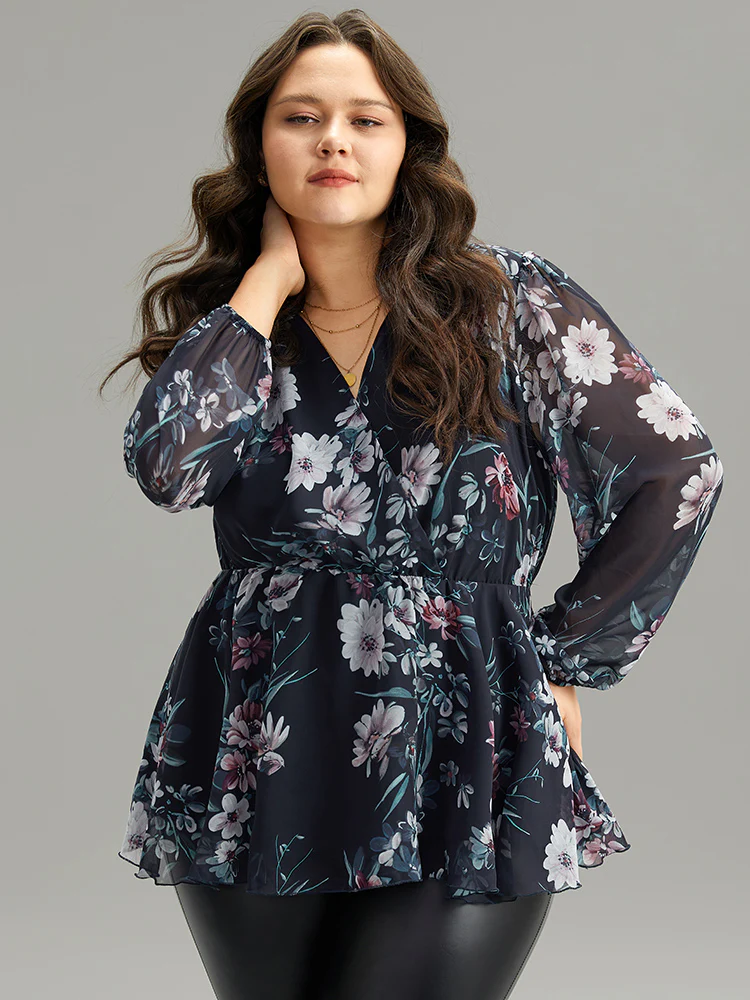 Floral Print Elastic Waist Mesh Wrap Gathered Blouse - Image 5