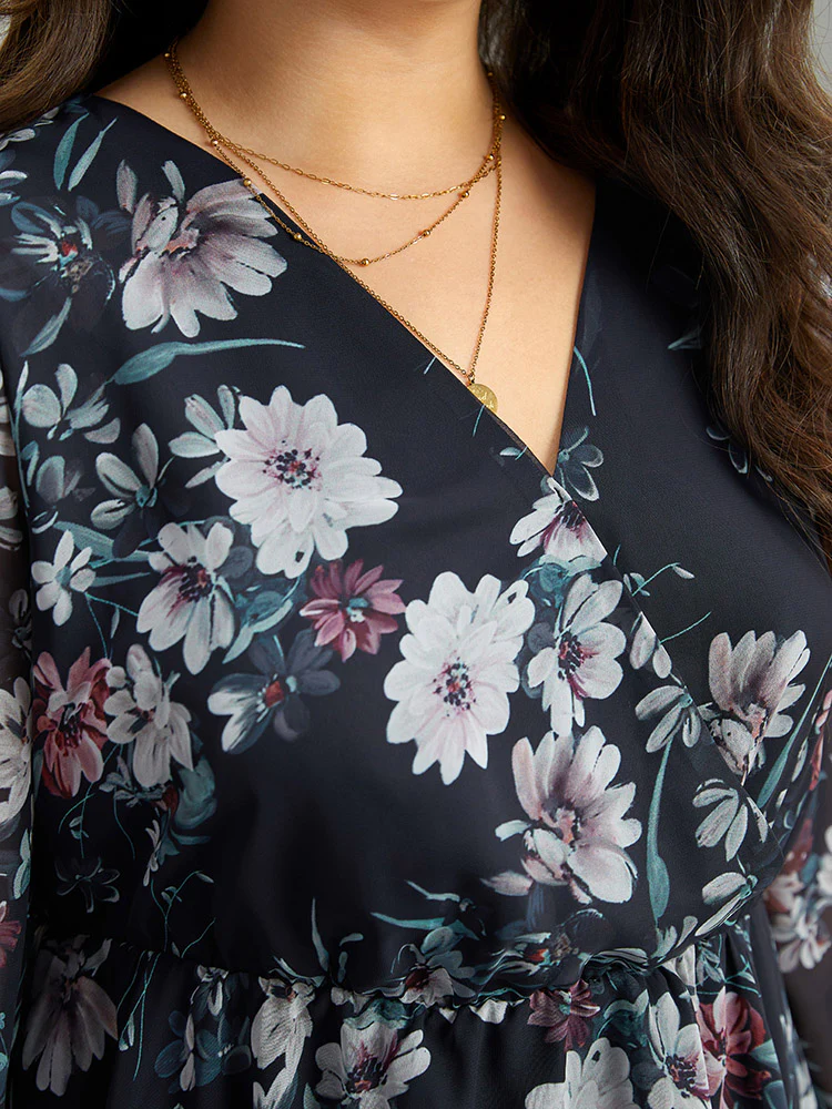 Floral Print Elastic Waist Mesh Wrap Gathered Blouse - Image 6