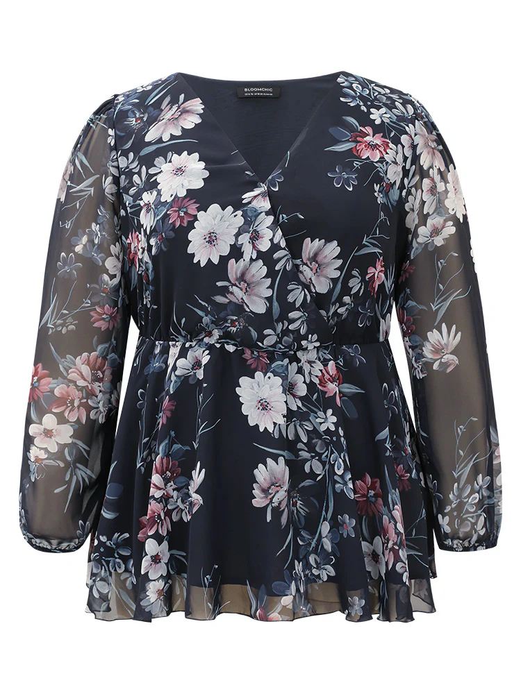 Floral Print Elastic Waist Mesh Wrap Gathered Blouse - Image 8