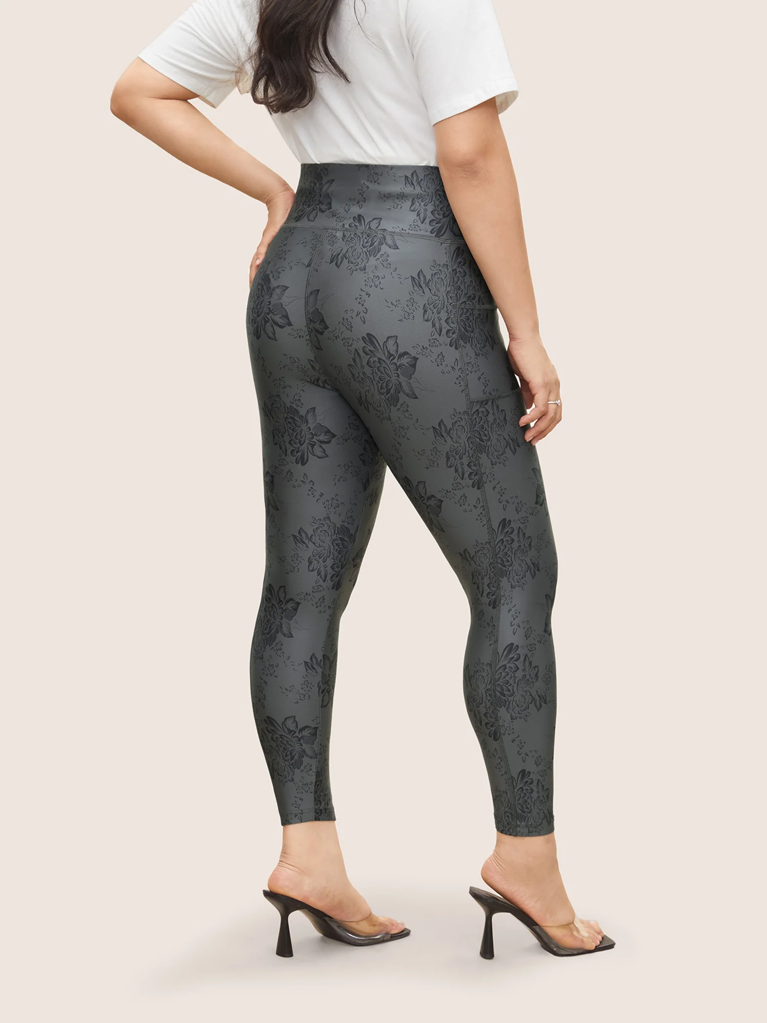 Floral Print Elastic Waist Pocket Side Leggings - Image 2