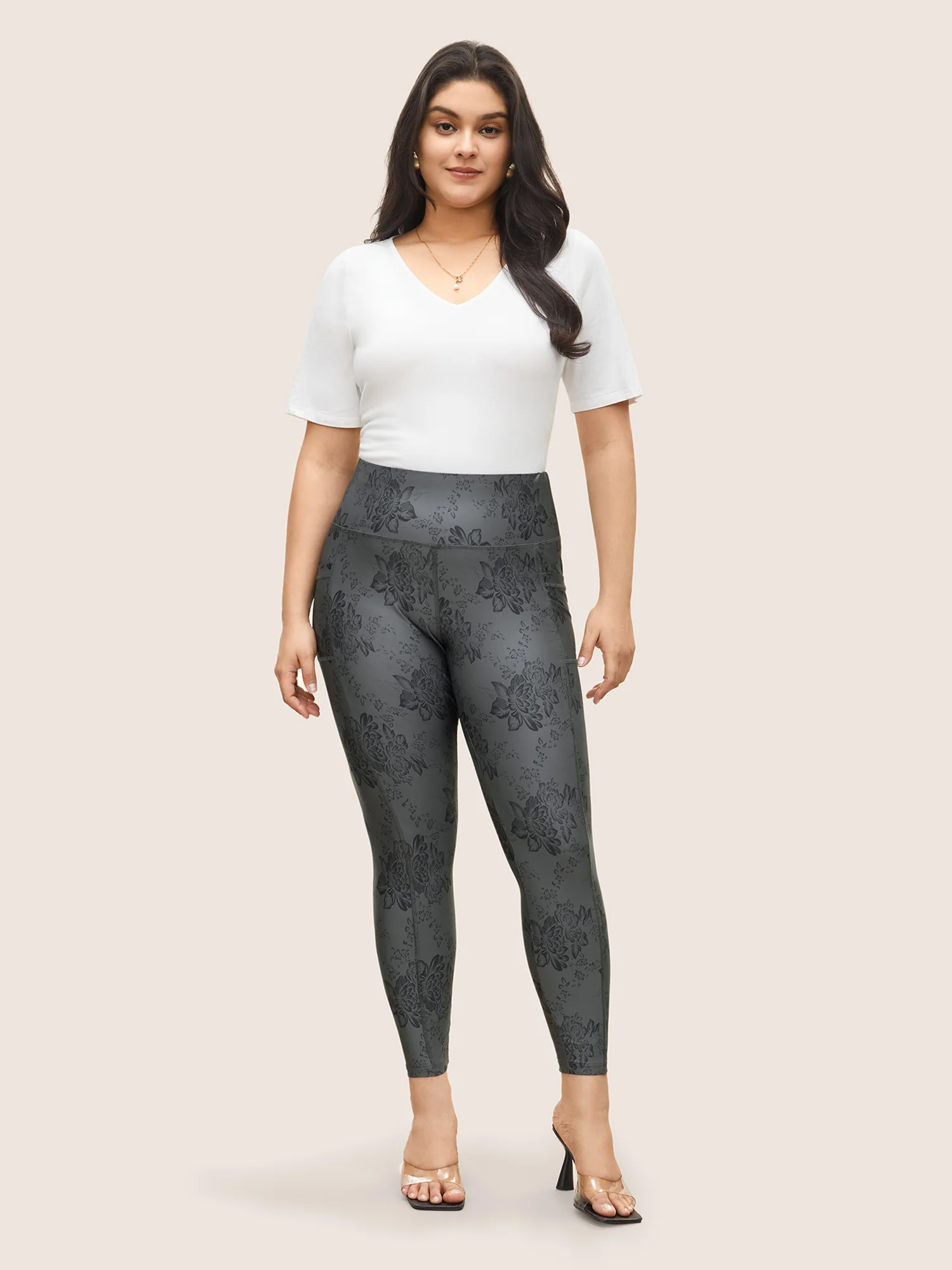 Floral Print Elastic Waist Pocket Side Leggings - Image 3