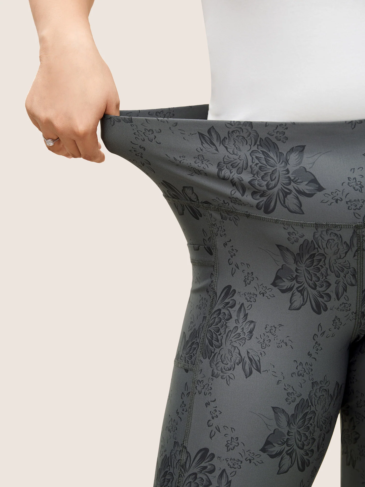 Floral Print Elastic Waist Pocket Side Leggings - Image 5