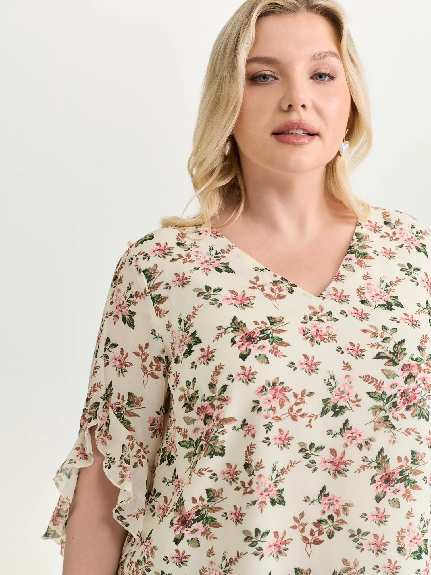 Floral Print Flared Sleeve Lined Blouse - Image 2