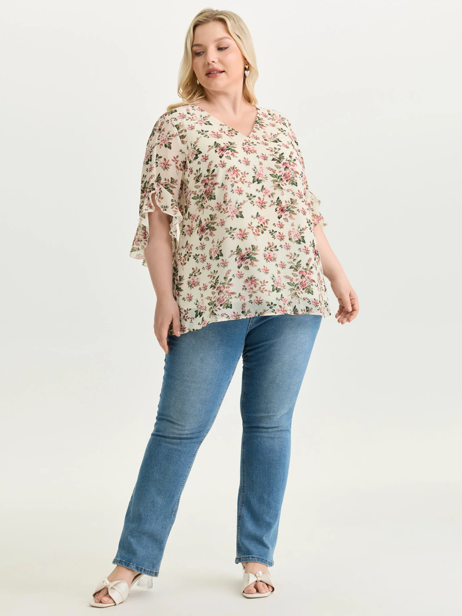 Floral Print Flared Sleeve Lined Blouse - Image 3