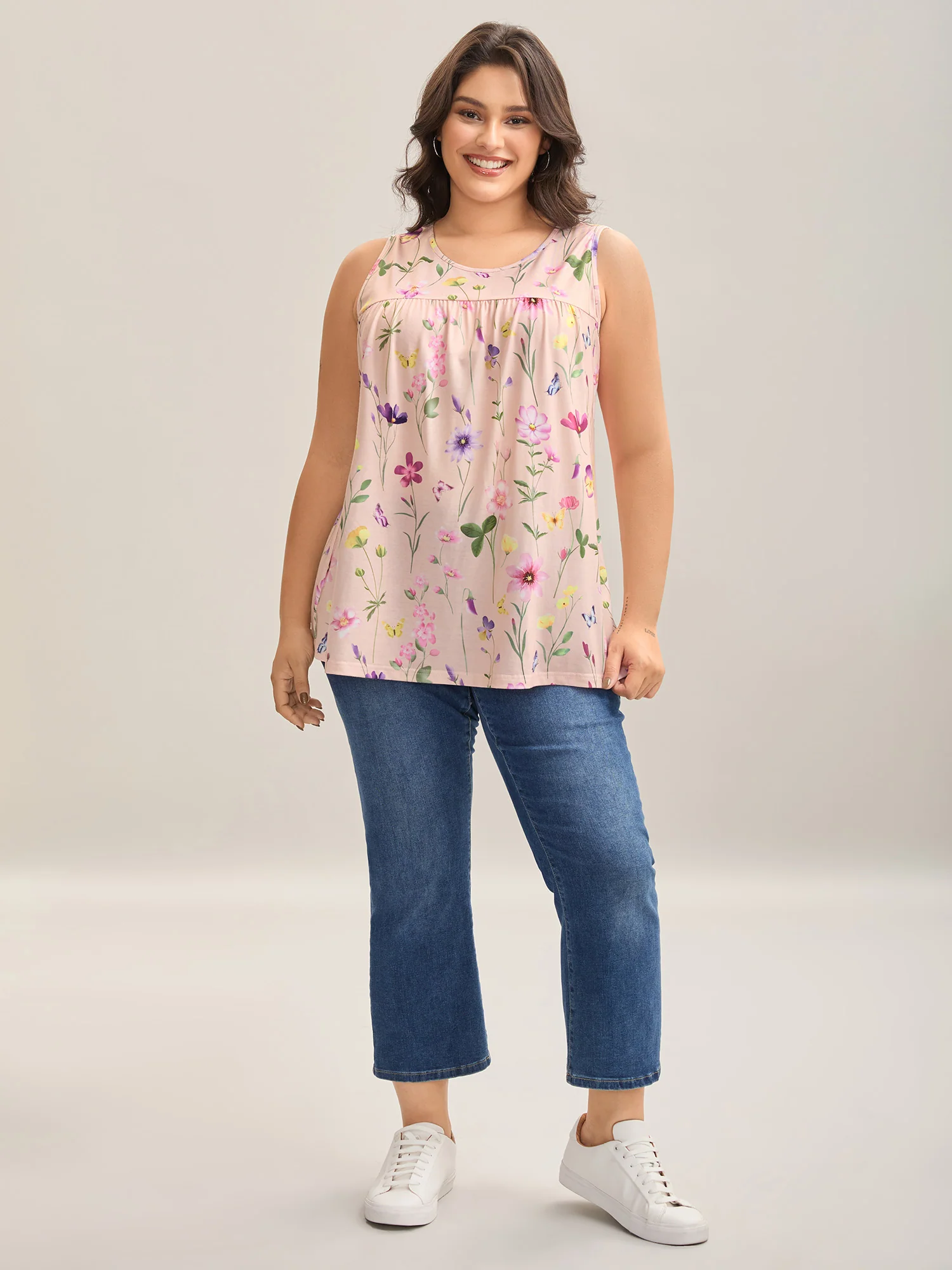 Floral Print Flowy Pleated Tank Top - Image 3
