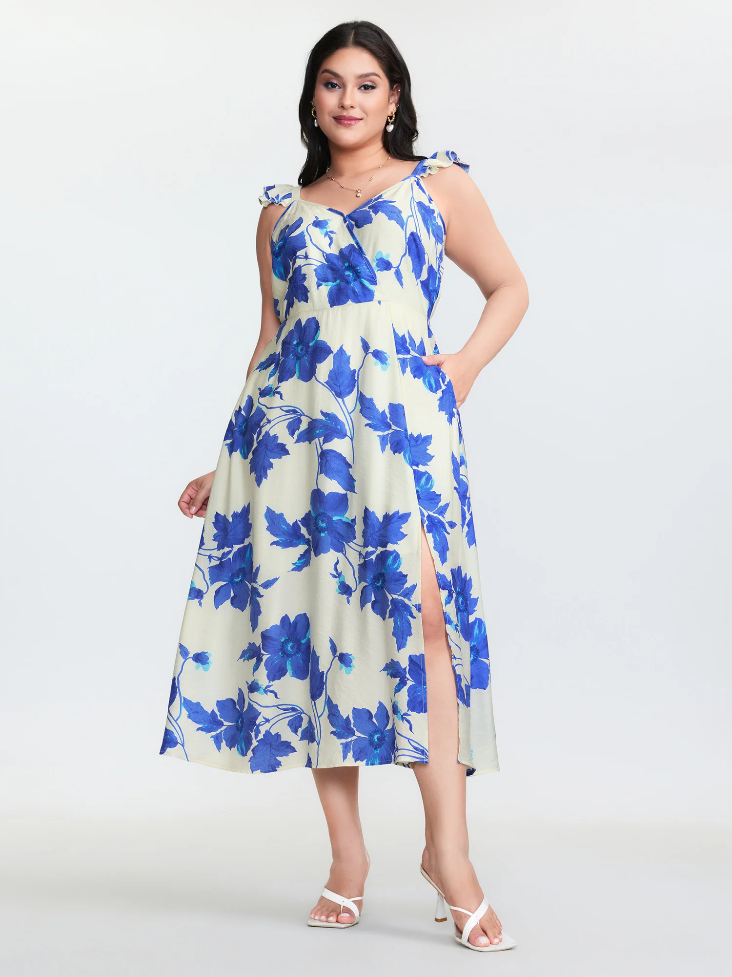 Floral Print Flutter Sleeve Cinched-Waist Midi Dress - Image 3