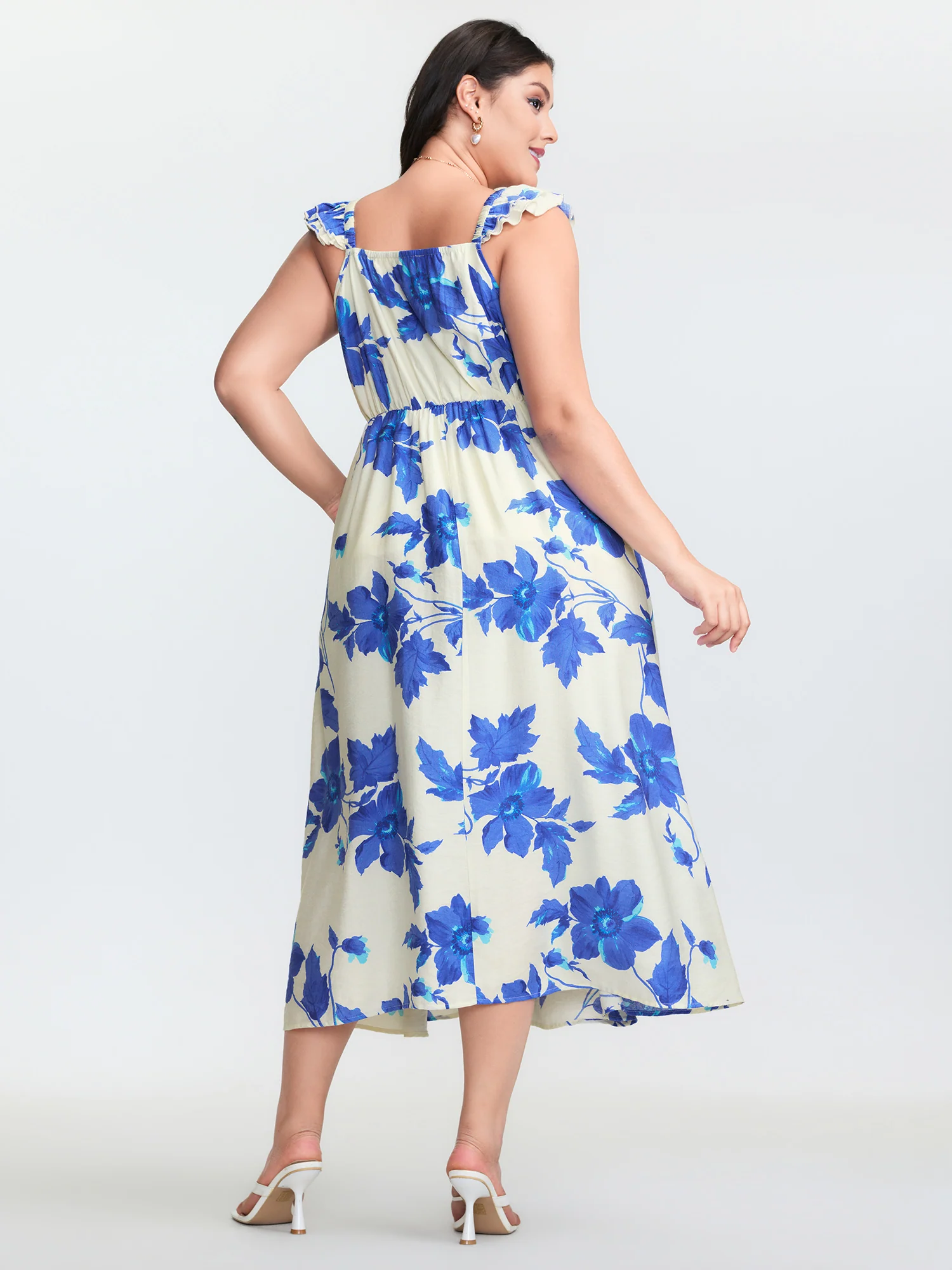 Floral Print Flutter Sleeve Cinched-Waist Midi Dress - Image 4