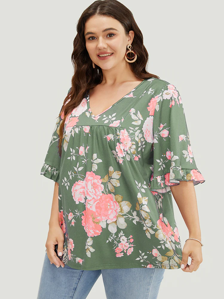 Floral Print Flutter Sleeve Gathered Detail T-shirt - Image 2