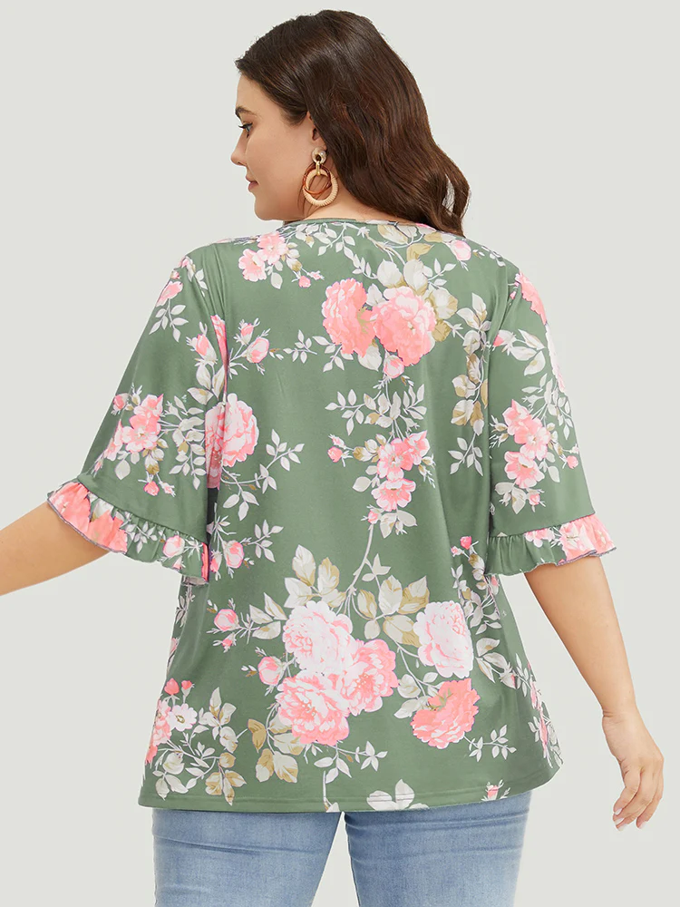 Floral Print Flutter Sleeve Gathered Detail T-shirt - Image 3
