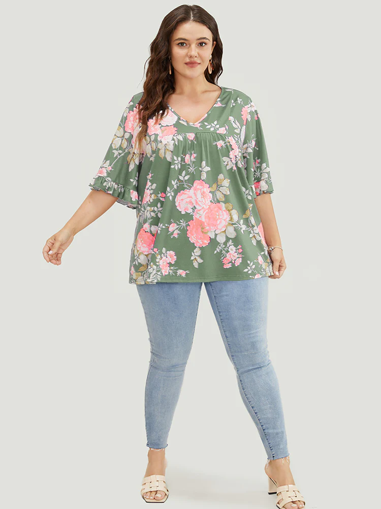 Floral Print Flutter Sleeve Gathered Detail T-shirt - Image 4