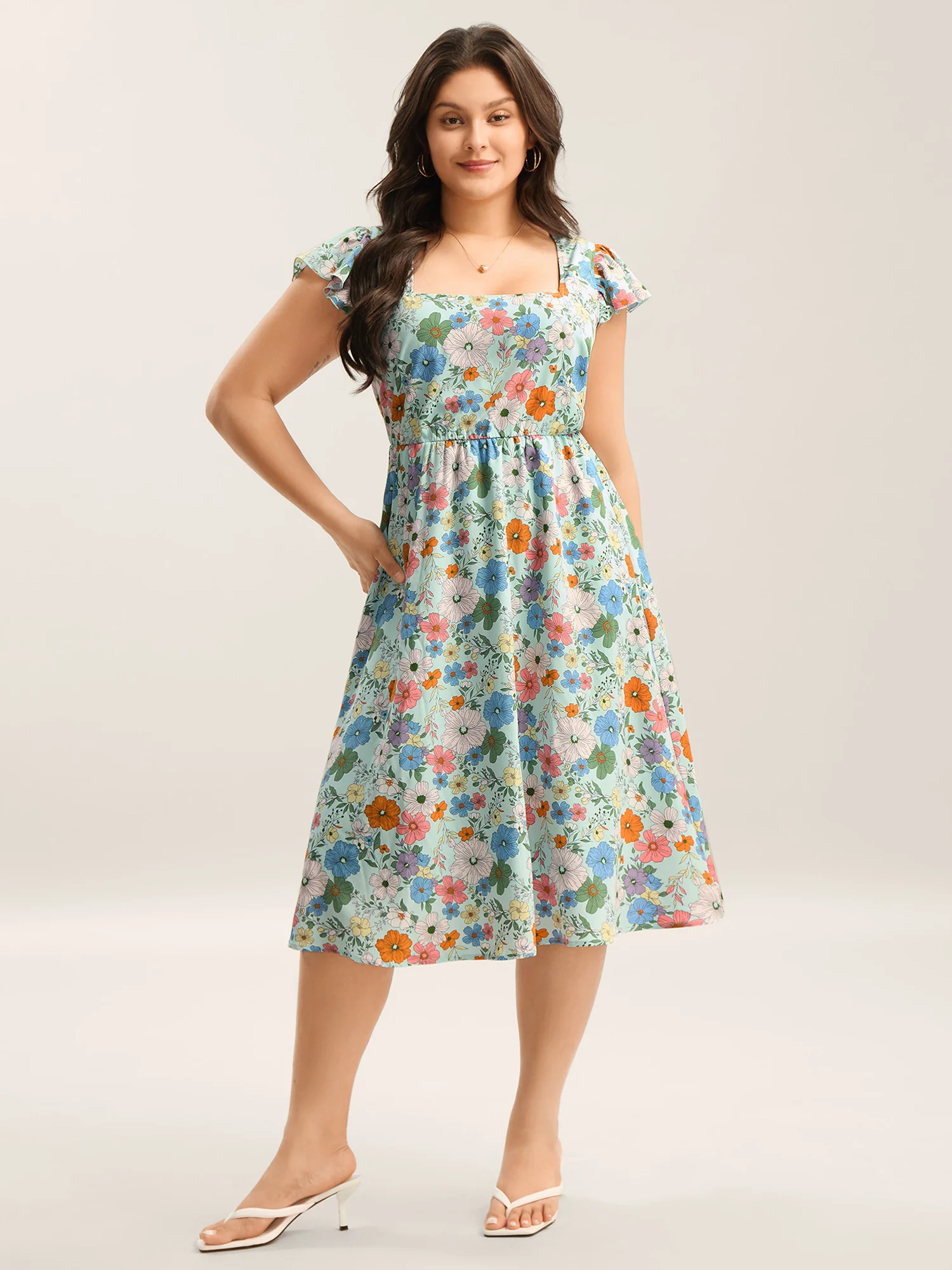 Floral Print Flutter Sleeve Pockets Midi Dress - Image 2