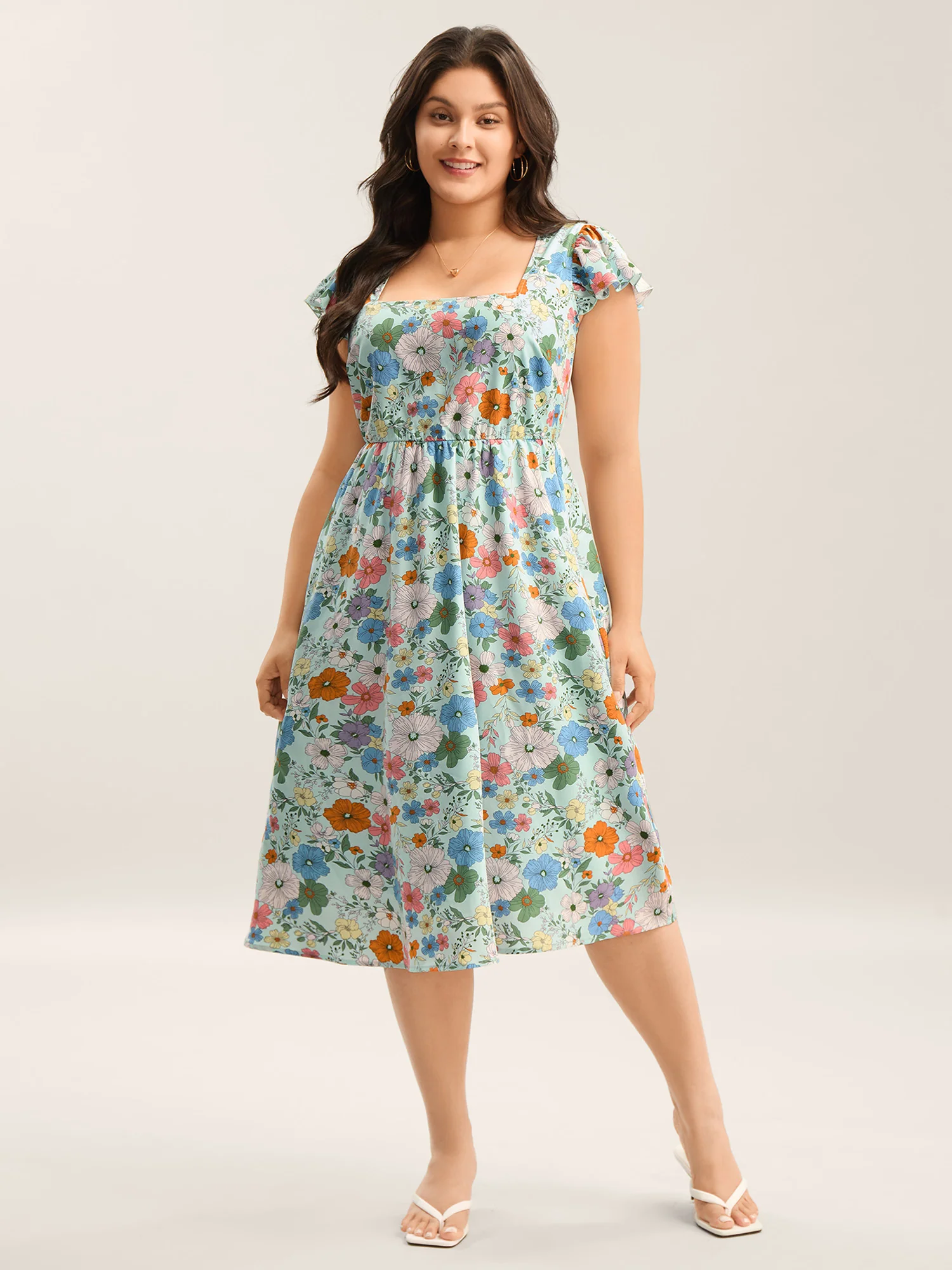 Floral Print Flutter Sleeve Pockets Midi Dress - Image 3
