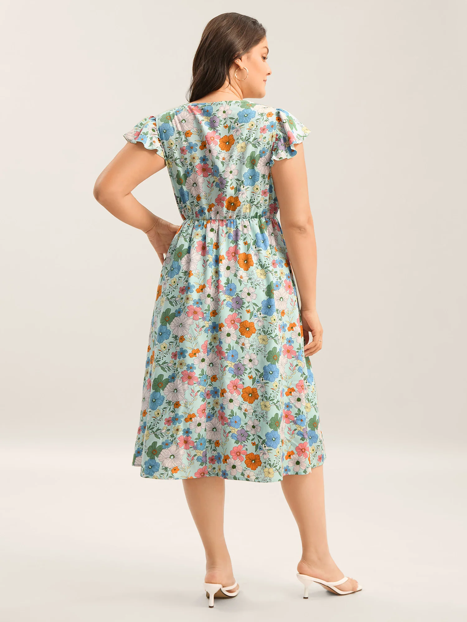 Floral Print Flutter Sleeve Pockets Midi Dress - Image 4