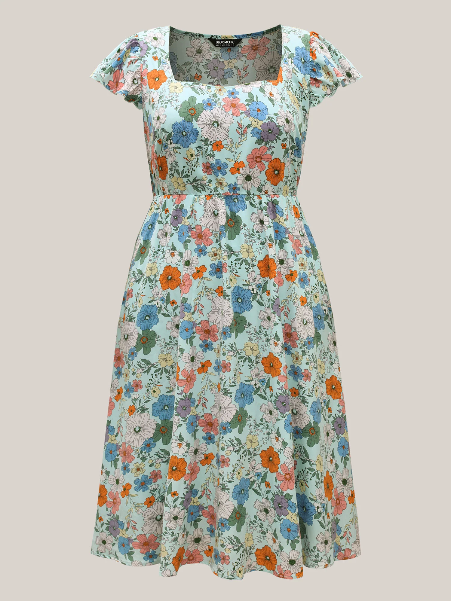 Floral Print Flutter Sleeve Pockets Midi Dress - Image 6