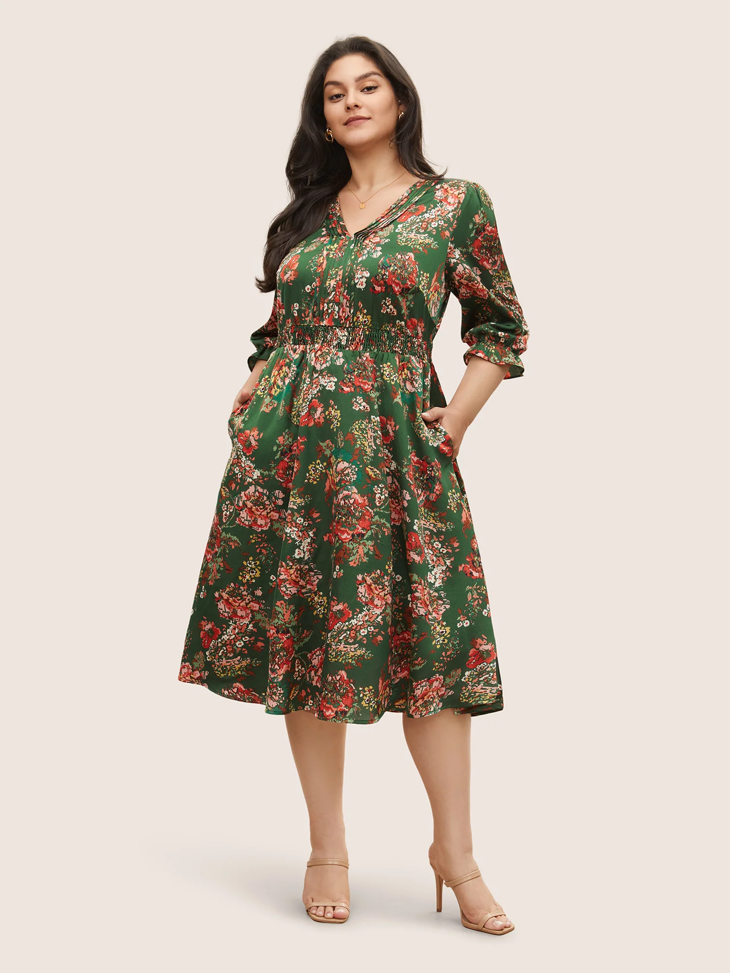Floral Print Flutter Sleeve Shirred Pleated Dress - Image 2