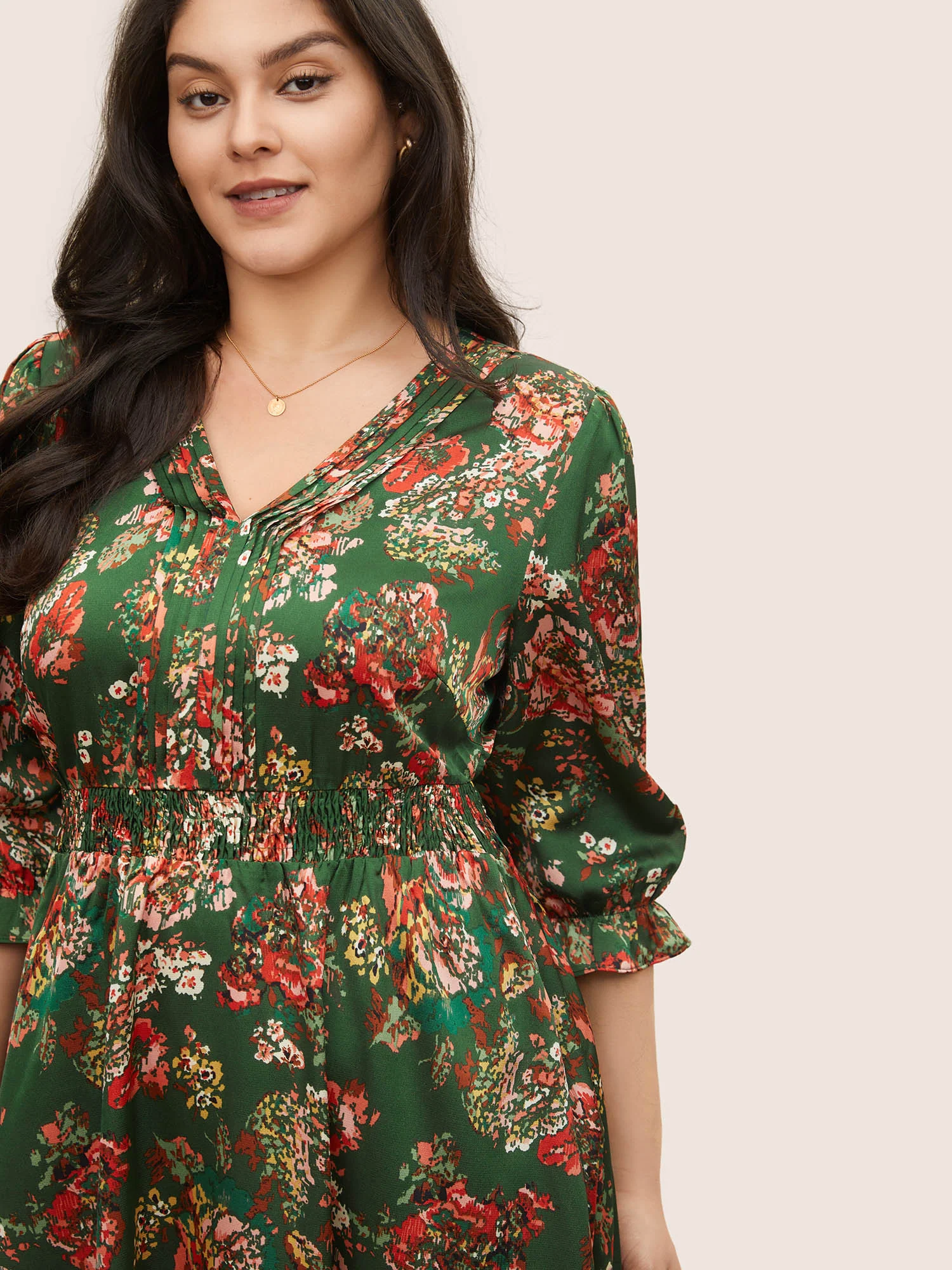 Floral Print Flutter Sleeve Shirred Pleated Dress - Image 4