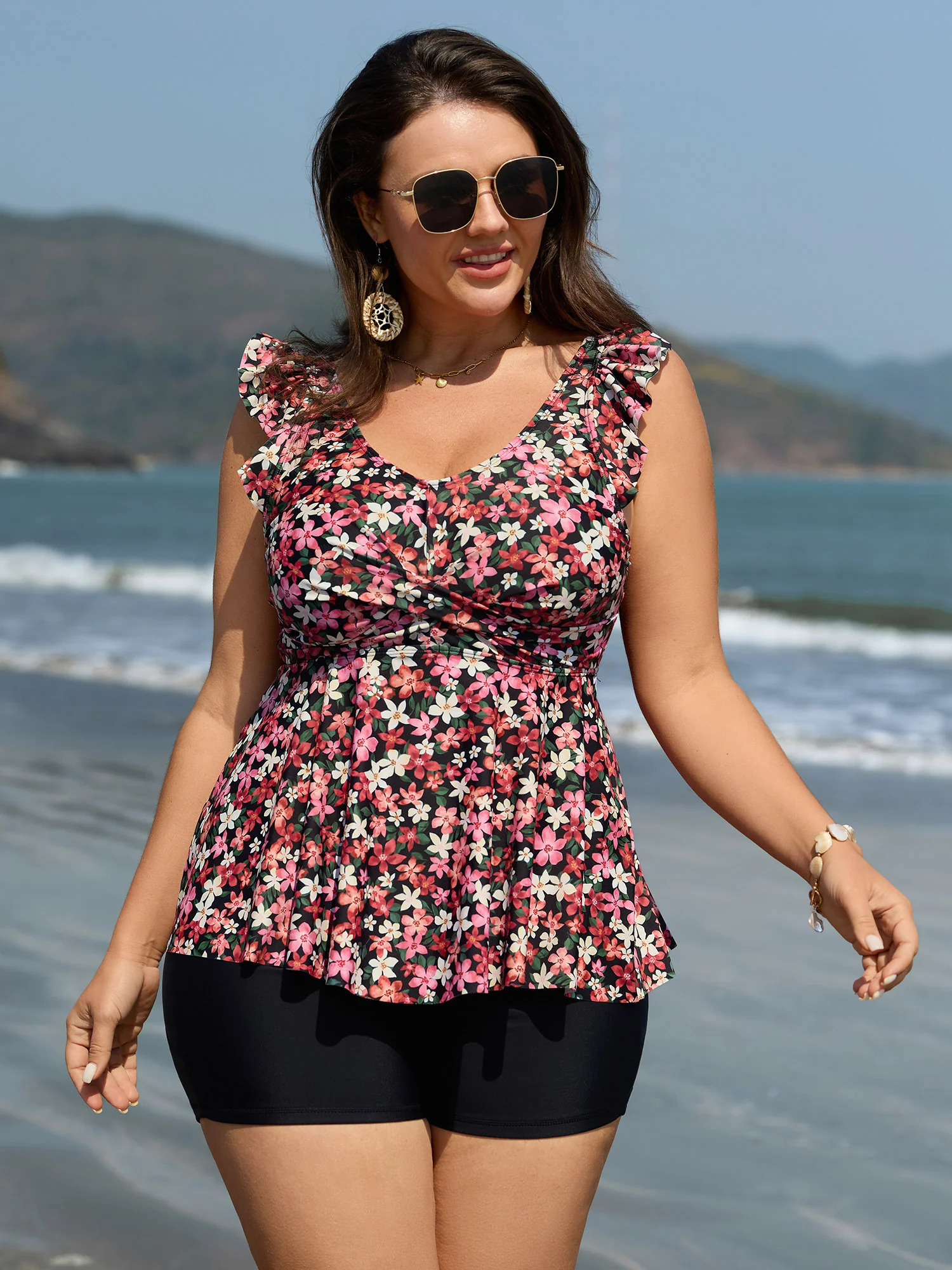 Floral Print Flutter Sleeve Swim Top - Image 2