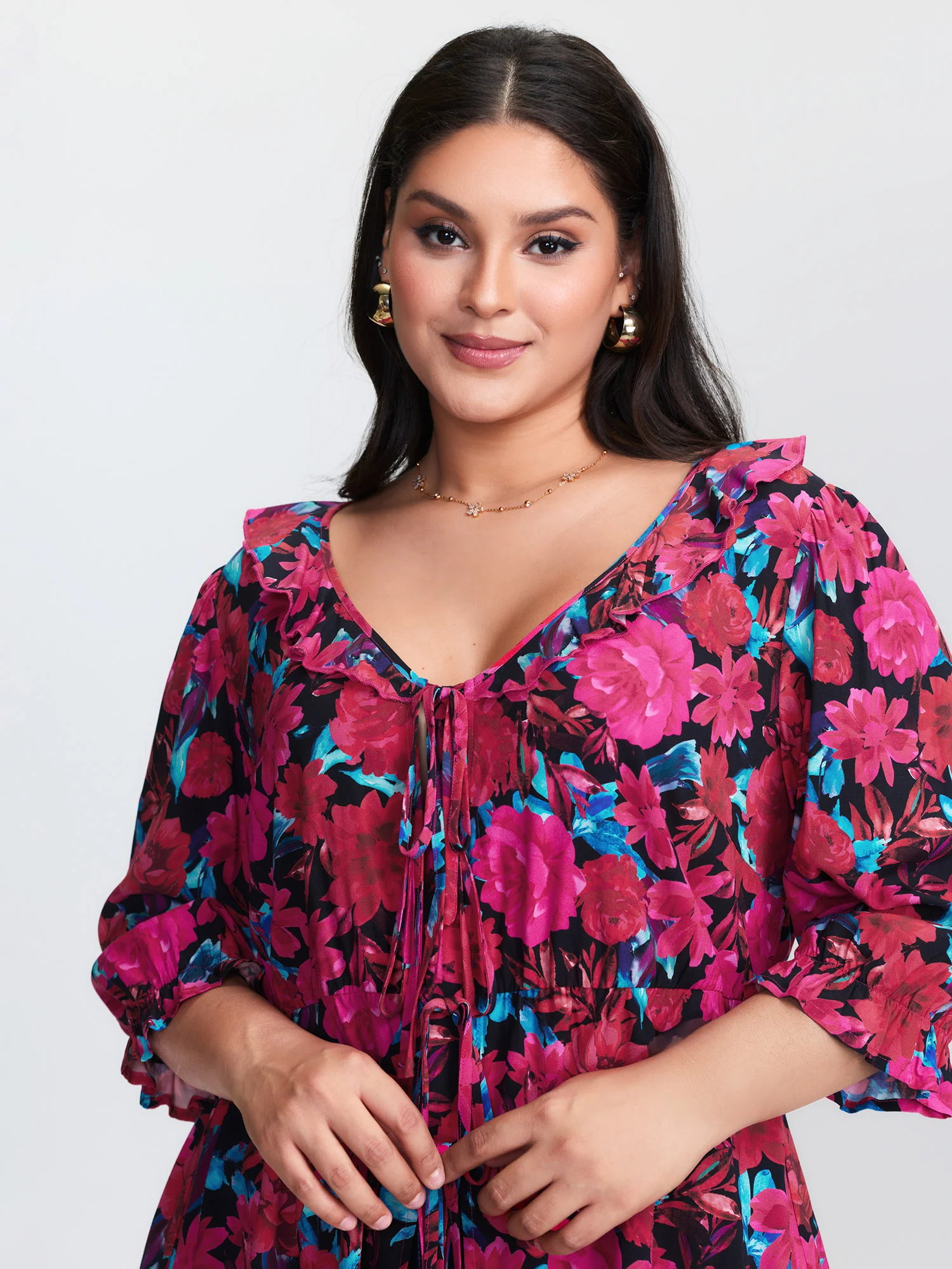 Floral Print Front-Tie Cinched Flared Blouse - Image 2