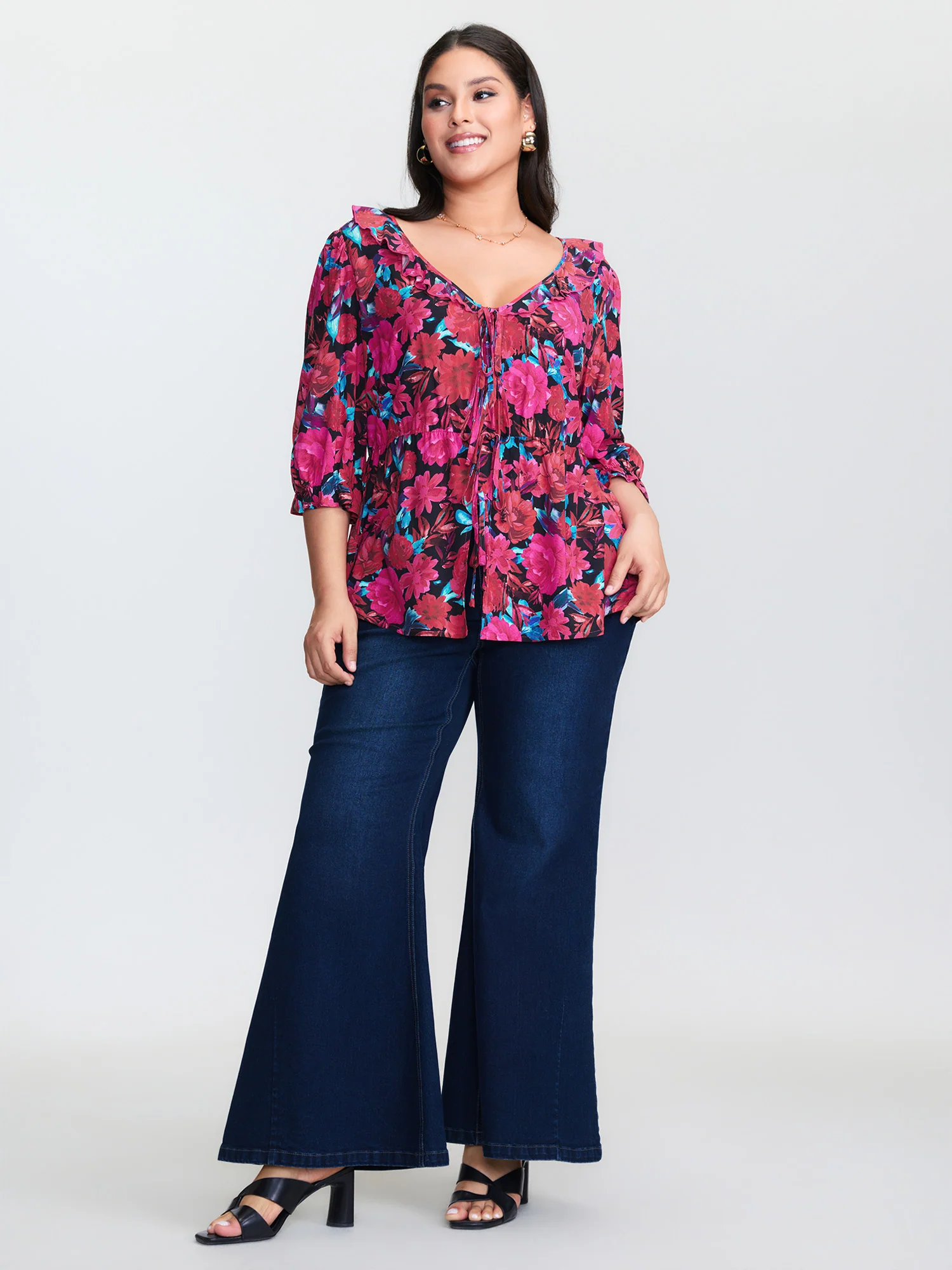 Floral Print Front-Tie Cinched Flared Blouse - Image 3