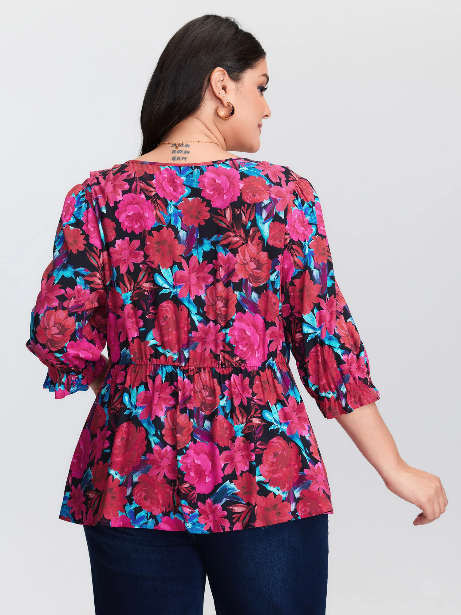 Floral Print Front-Tie Cinched Flared Blouse - Image 4