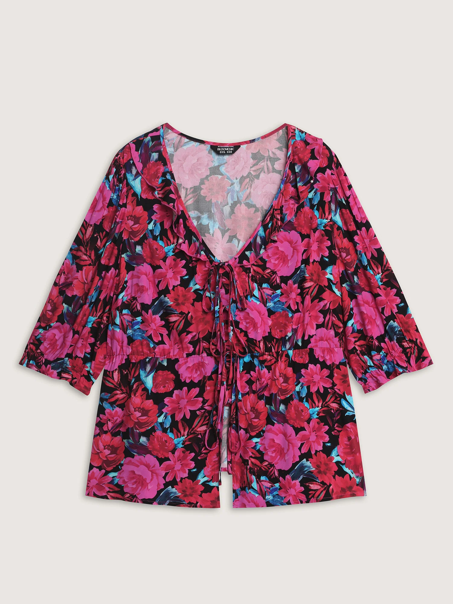 Floral Print Front-Tie Cinched Flared Blouse - Image 7
