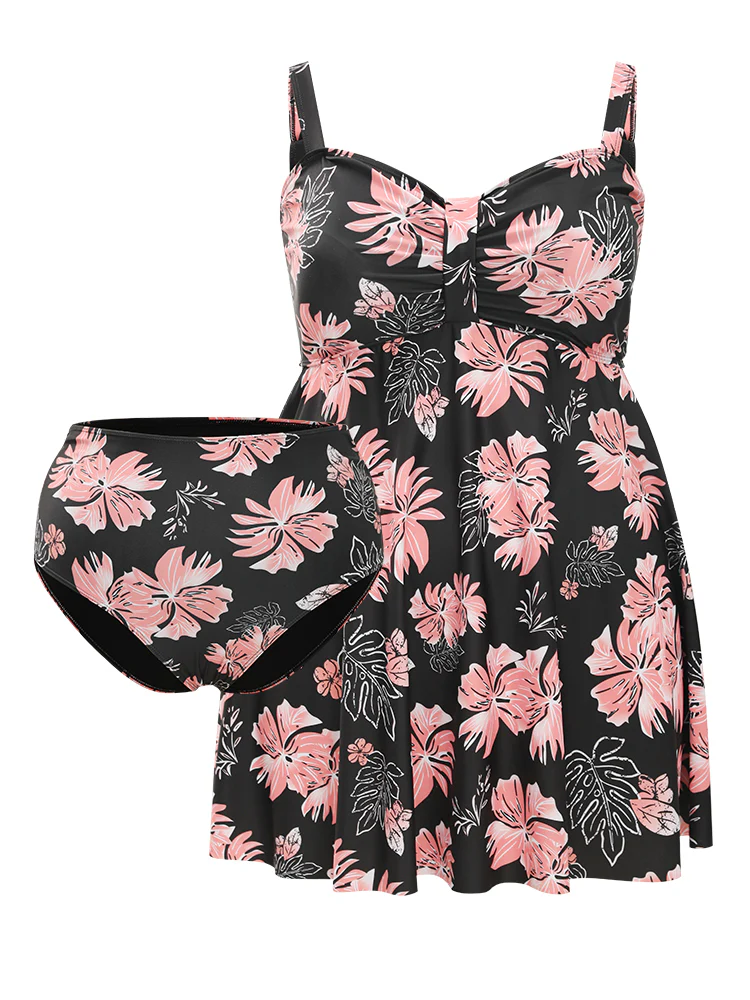 Floral Print Gathered  Adjustable Straps Swim Dress - Image 10