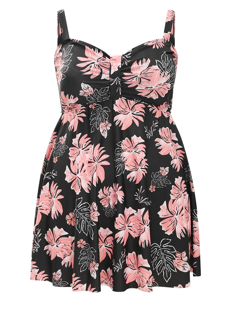 Floral Print Gathered  Adjustable Straps Swim Dress - Image 11