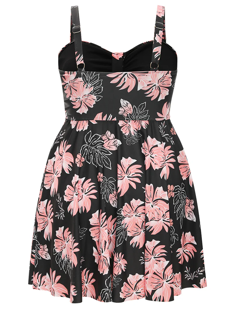 Floral Print Gathered  Adjustable Straps Swim Dress - Image 12