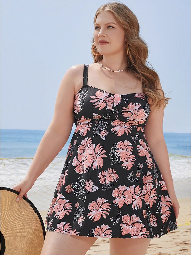 Floral Print Gathered  Adjustable Straps Swim Dress - Image 3