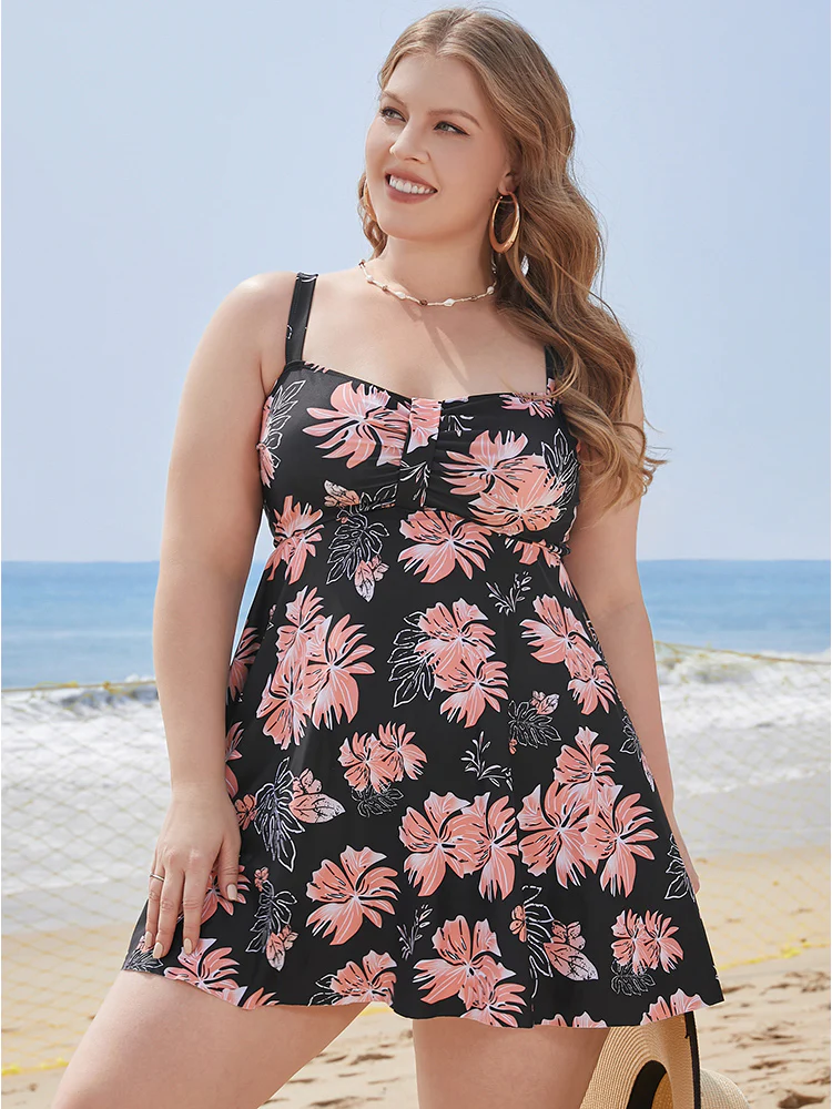 Floral Print Gathered  Adjustable Straps Swim Dress - Image 4