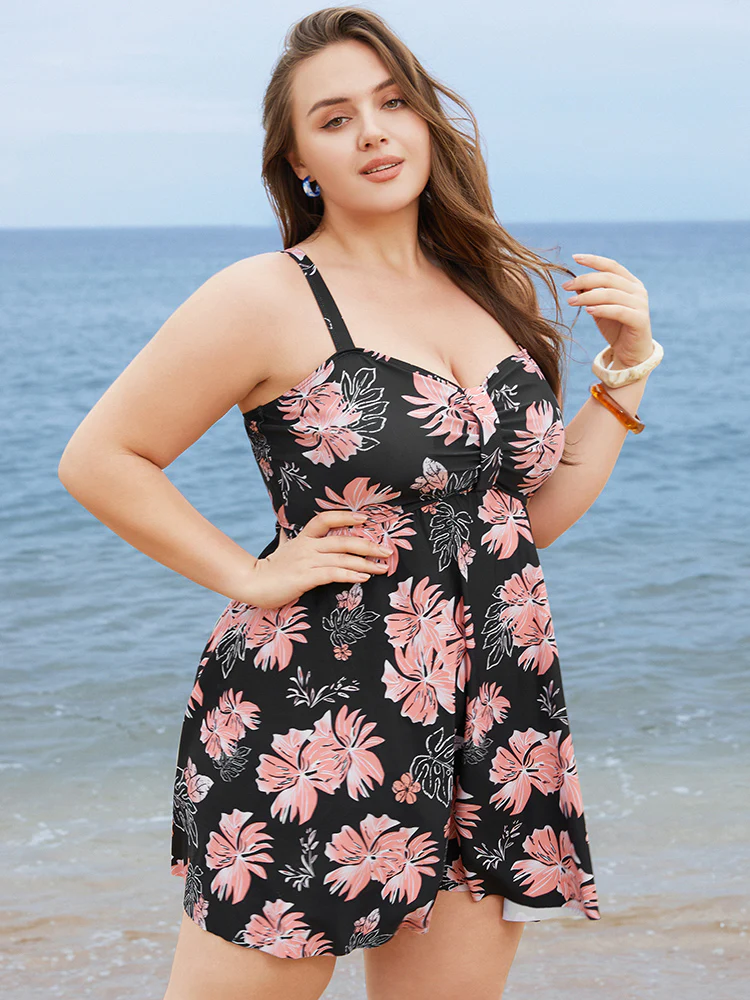 Floral Print Gathered  Adjustable Straps Swim Dress - Image 7