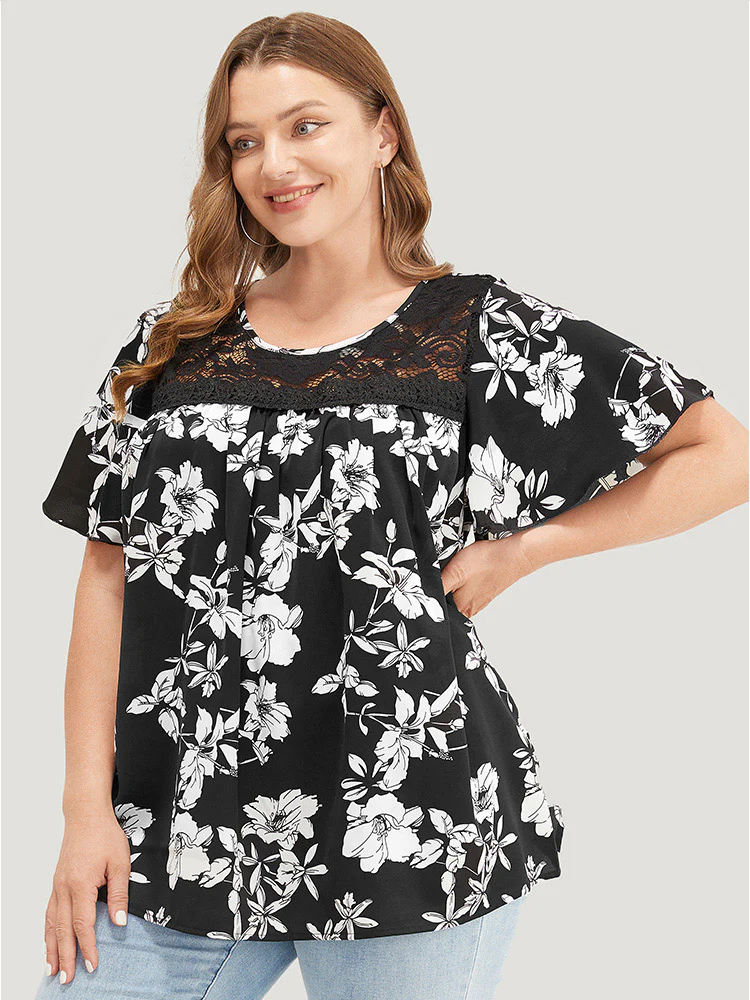 Floral Print Gathered Lace Patchwork Blouse - Image 2