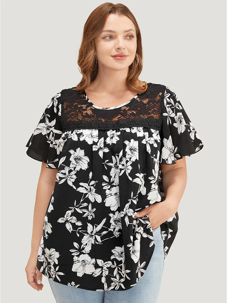 Floral Print Gathered Lace Patchwork Blouse - Image 3