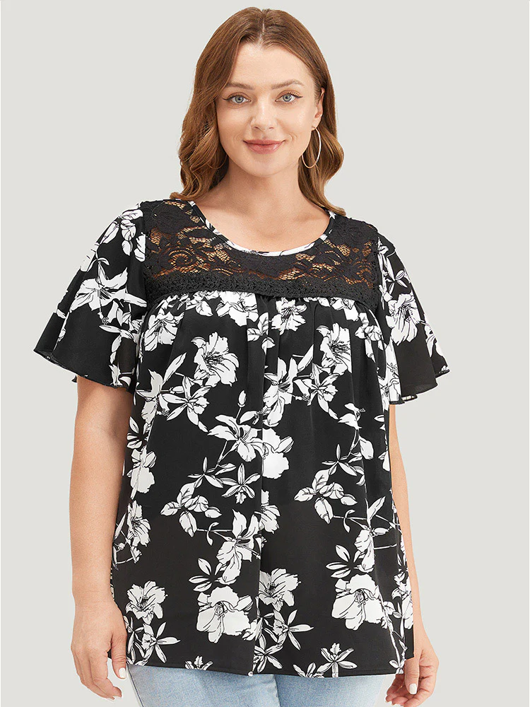 Floral Print Gathered Lace Patchwork Blouse - Image 4