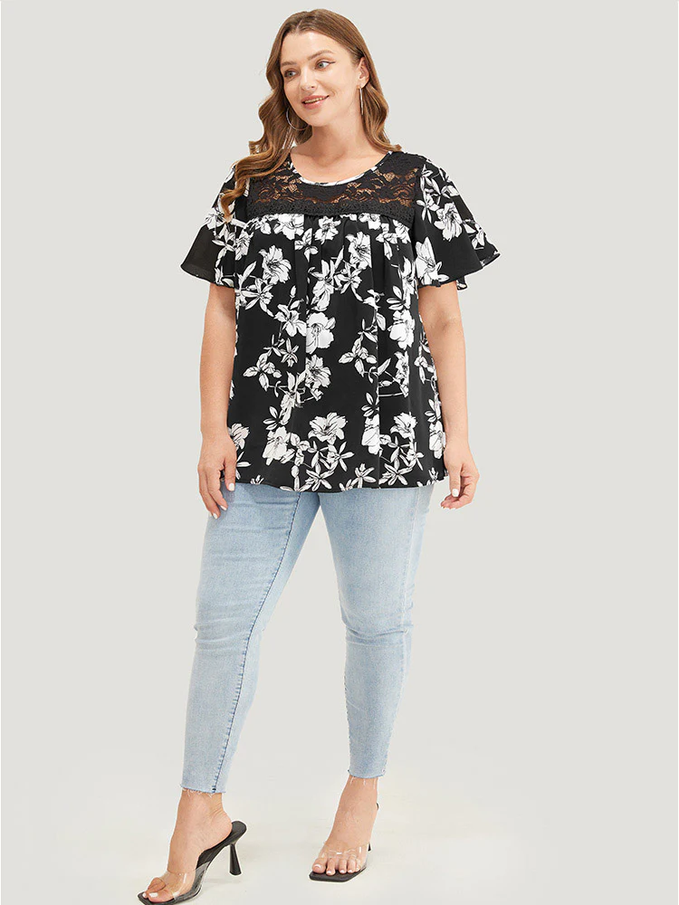 Floral Print Gathered Lace Patchwork Blouse - Image 5