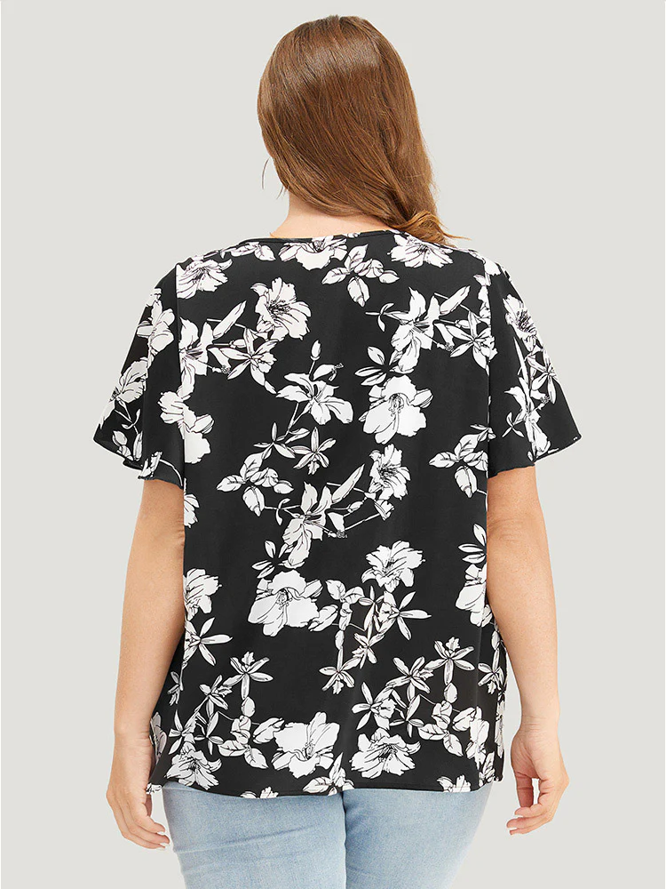 Floral Print Gathered Lace Patchwork Blouse - Image 6