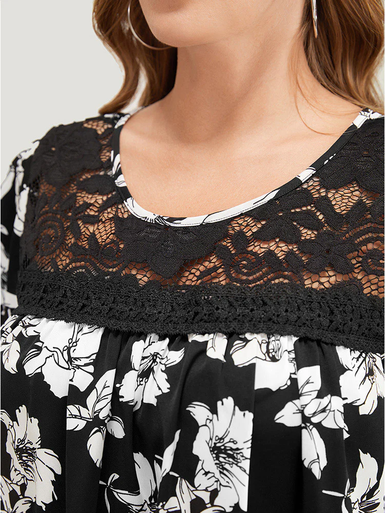 Floral Print Gathered Lace Patchwork Blouse - Image 7