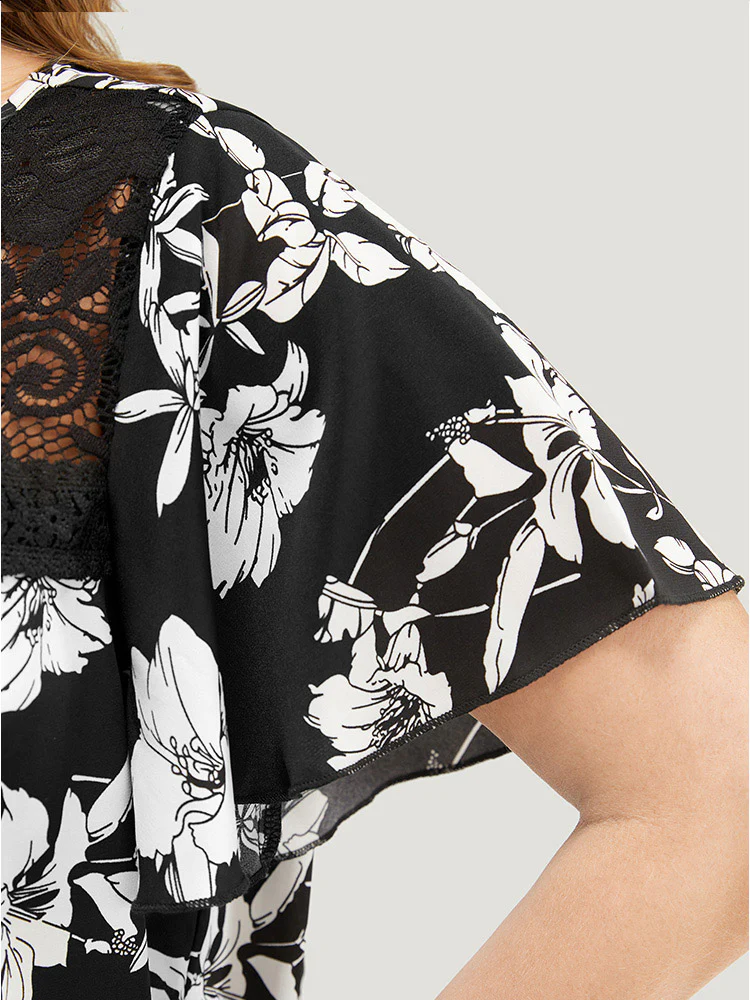 Floral Print Gathered Lace Patchwork Blouse - Image 8