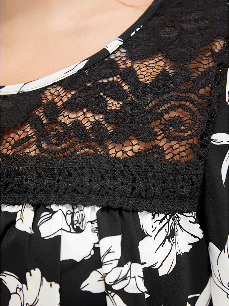 Floral Print Gathered Lace Patchwork Blouse - Image 9