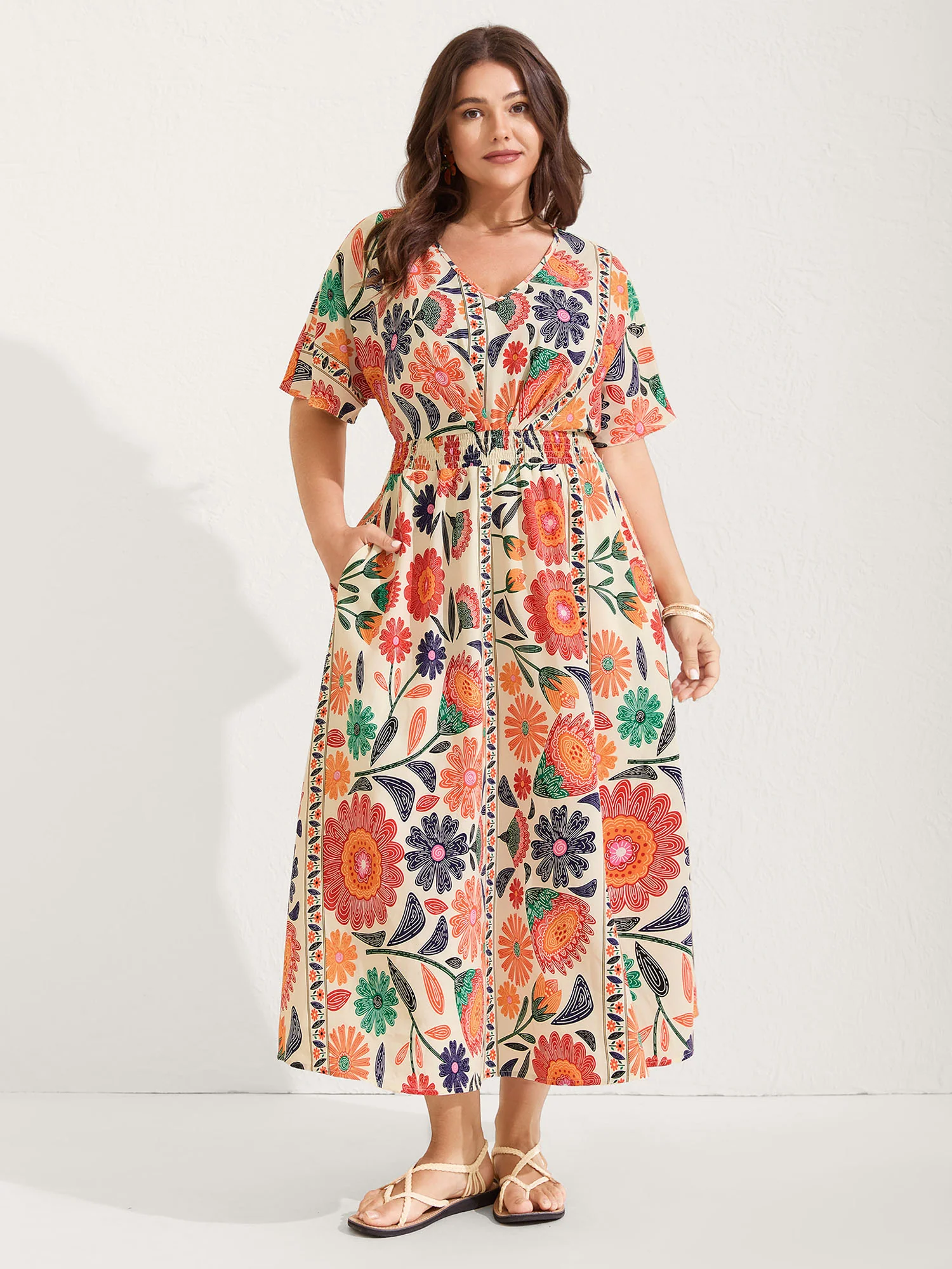 Floral Print Gathered Waist Pleated Maxi Dress - Image 3