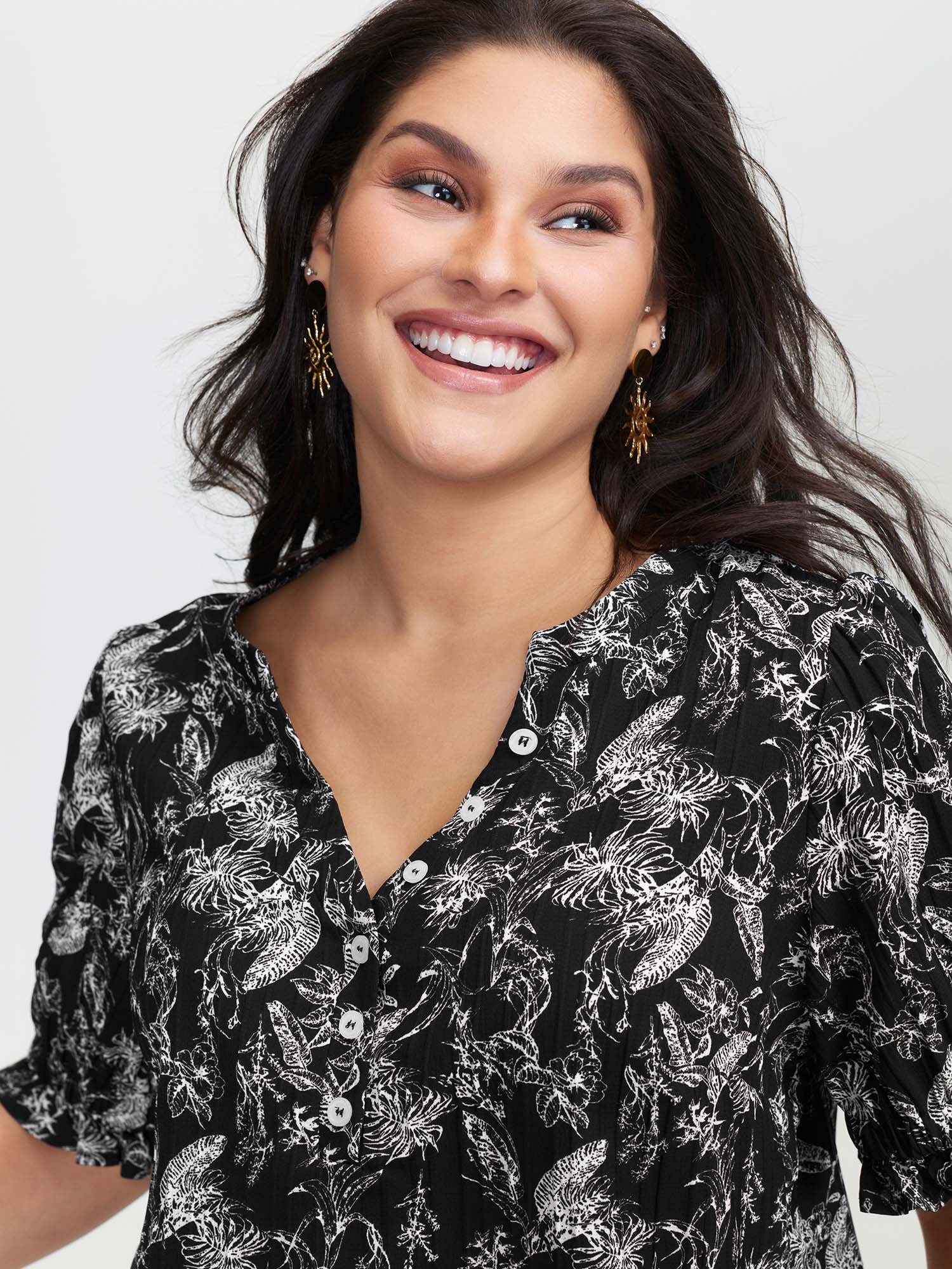 Floral Print Half-Open Placket Blouse - Image 2