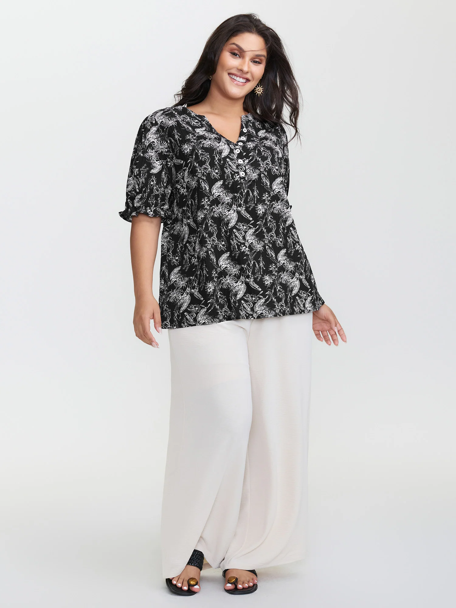 Floral Print Half-Open Placket Blouse - Image 3