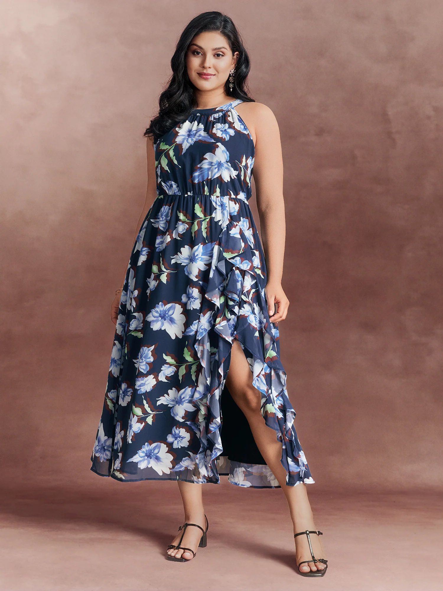 Floral Print Halter Neck Slit Maxi Dress - Image 3