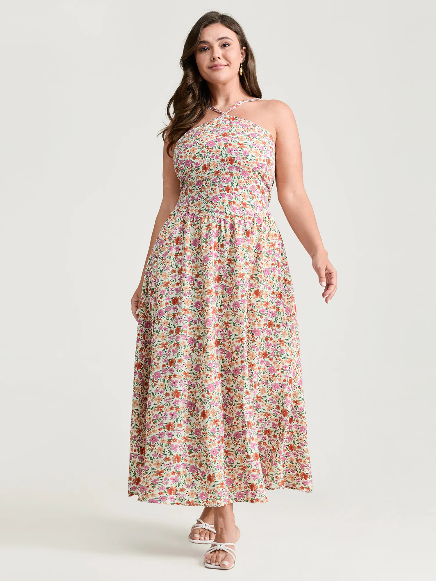 Floral Print Halter Neckline Flowy Maxi Dress - Image 3