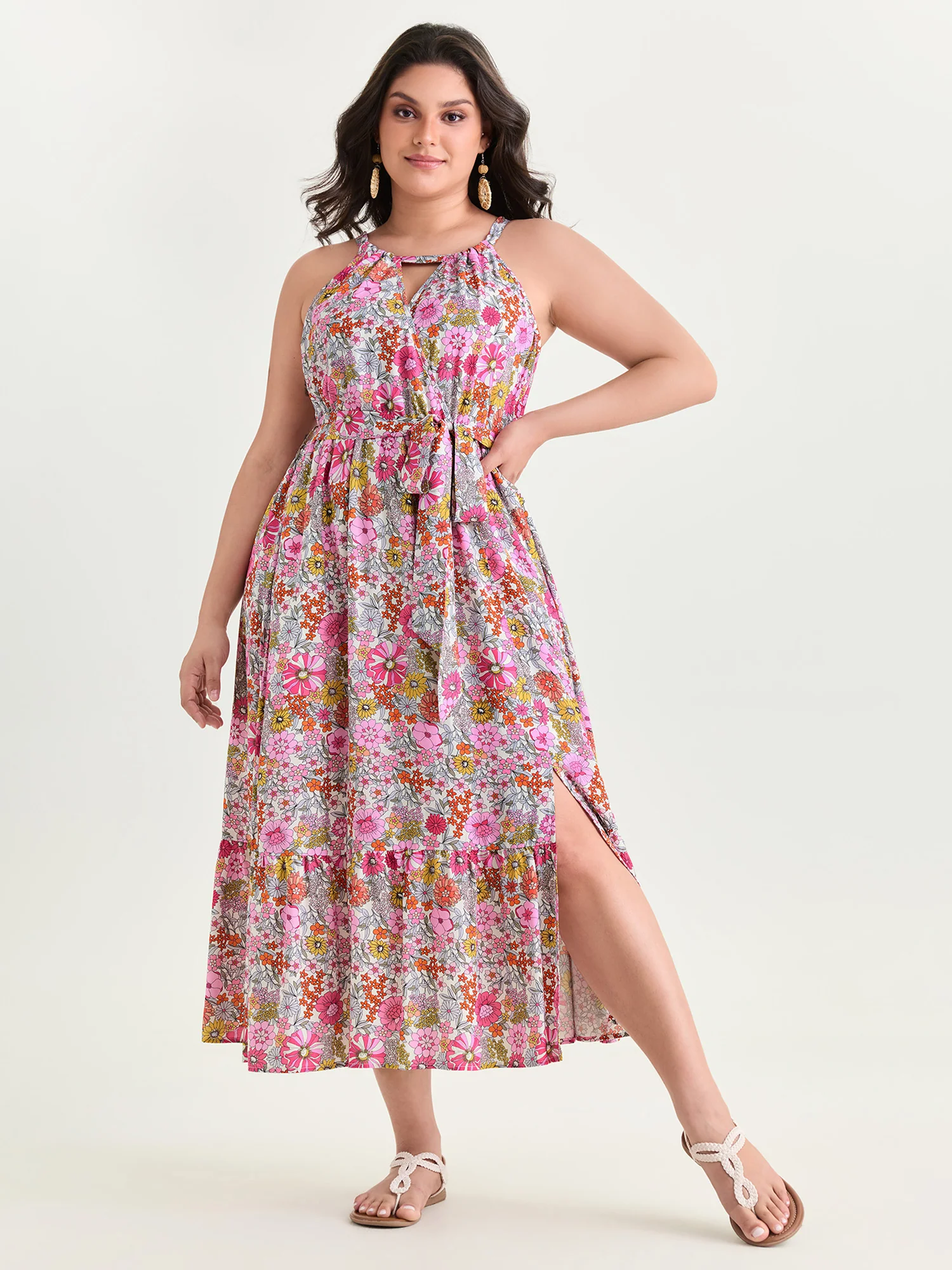 Floral Print Halter Neckline Waist-Tie Maxi Dress - Image 3