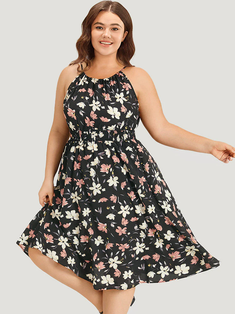 Floral Print Halter Shirred Pocket Ruffle Hem Dress - Image 3