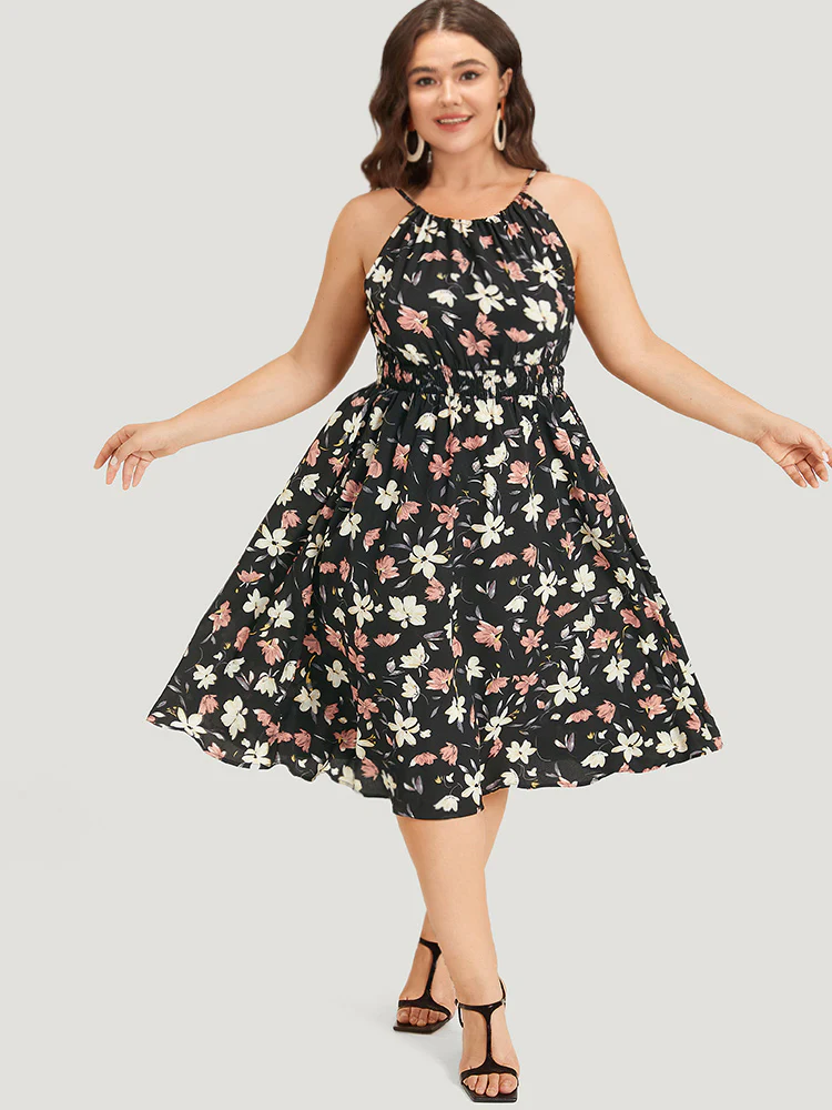 Floral Print Halter Shirred Pocket Ruffle Hem Dress - Image 4