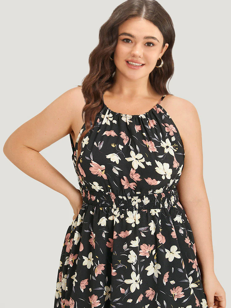 Floral Print Halter Shirred Pocket Ruffle Hem Dress - Image 5